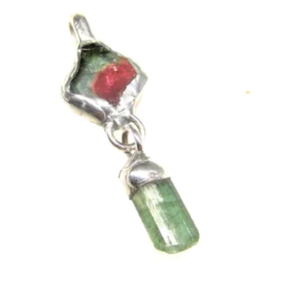 HANDMADE WATERMELON TOURMALINE, GREEN TOURMALINE STERLING SILVER PENDANT